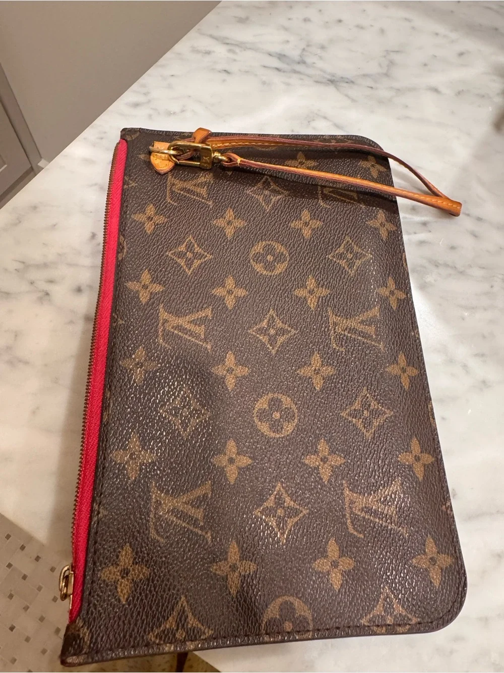 Louis Vuitton Brown Monogram Clutch with Pink Trim